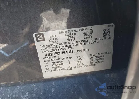 2015 Chevrolet Suburban 1500 Ltz z USA, uszkodzony, nr VIN 1GNSKKKCXFR647460